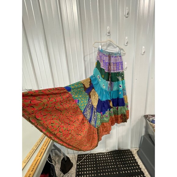 Patchwork Palazzo Pants One Size Tiered Floral Geometric Wide Leg Boho Hippie - Picture 3 of 7